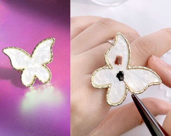 Butterfly Mother Shell Painting Palette Ring/ Golden Edged Finger Dishes Color Mixing Gel Polish Paint Tool/ White Pearlescent Nail Supply