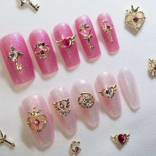 9pcs Sailor Moon Theme Nail Decoration Studs/ Sailor Moon Gacha Spiral Heart Moon Rod Wand Japanese Nail Art Charm