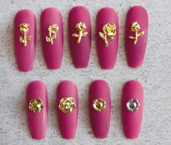 5 Pcs Rose Flower Metallic Studs/ 3D Gold Rose Floral Nail 