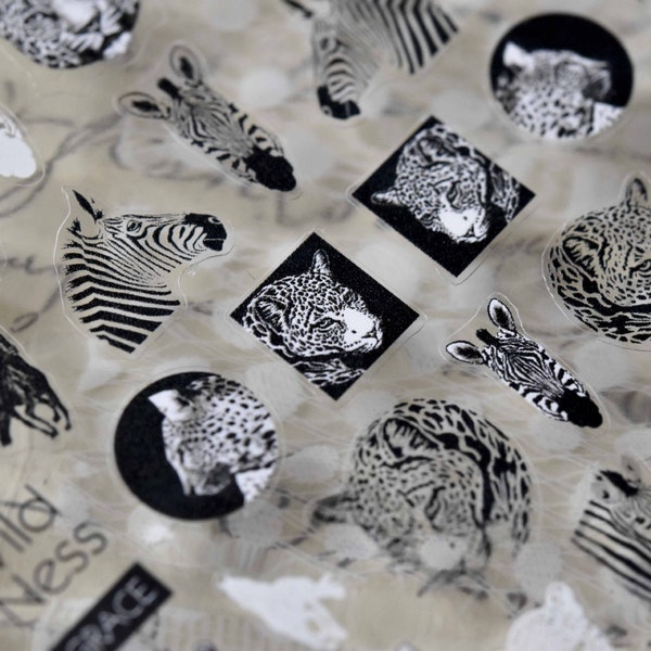 Stickers safari animaux sauvages / Art pour ongles autocollant ultra fin zèbre léopard à rayures Peel Off / Stickers illustration noir blanc