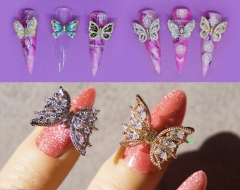 Ethereal Butterfly 3D Zircon Crystal Nail Ornament Decal 14k Gold Waving Wings Instagram Influencer Nail Jewelry Fairy Tale Nail Art