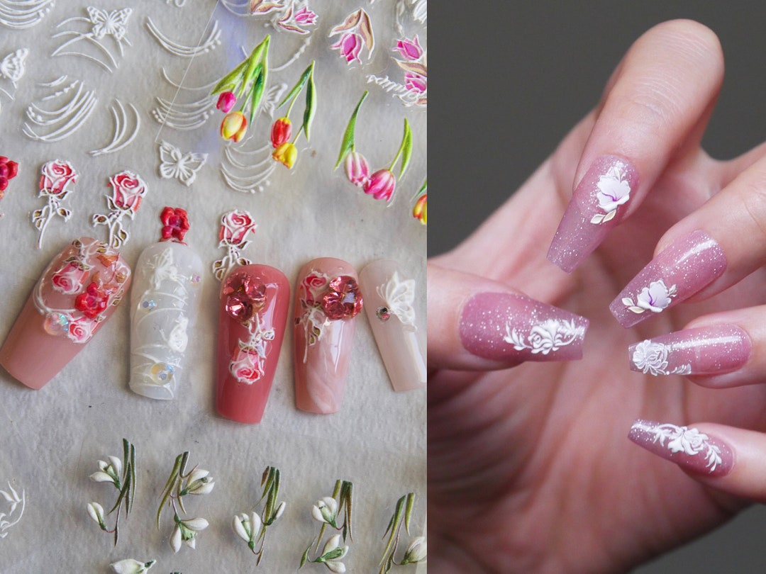  Flowers 5D Nail Art Decoration, Floral Rose Nail Glitter  Rhinestone Design Set, White Flower Studs Gems for Nail Stickers Decals,  Women Girls Manicure Acrylic Nails Supplies Resin Diamond DIY Crafts 