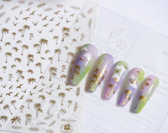 Palm tree Seagull gold nail sticker/ Tropical Summer Beach California Hawaii Island Ocean theme Self Adhesive Decals