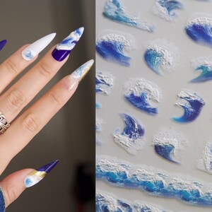 Blue Ocean Wave Nail Sticker/ Spirit of Ukiyo-e Stunning Japanese Famous Artwork The Great Wave off Kanagawa 3D Embossed Nails Supply