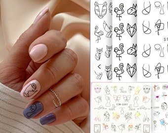 3 pcs Abstract Line Art Nail Tattoo/ Water transfer Minimalism Animal Outline Tattoos sticker/ linellae Women face nail Decals Supply