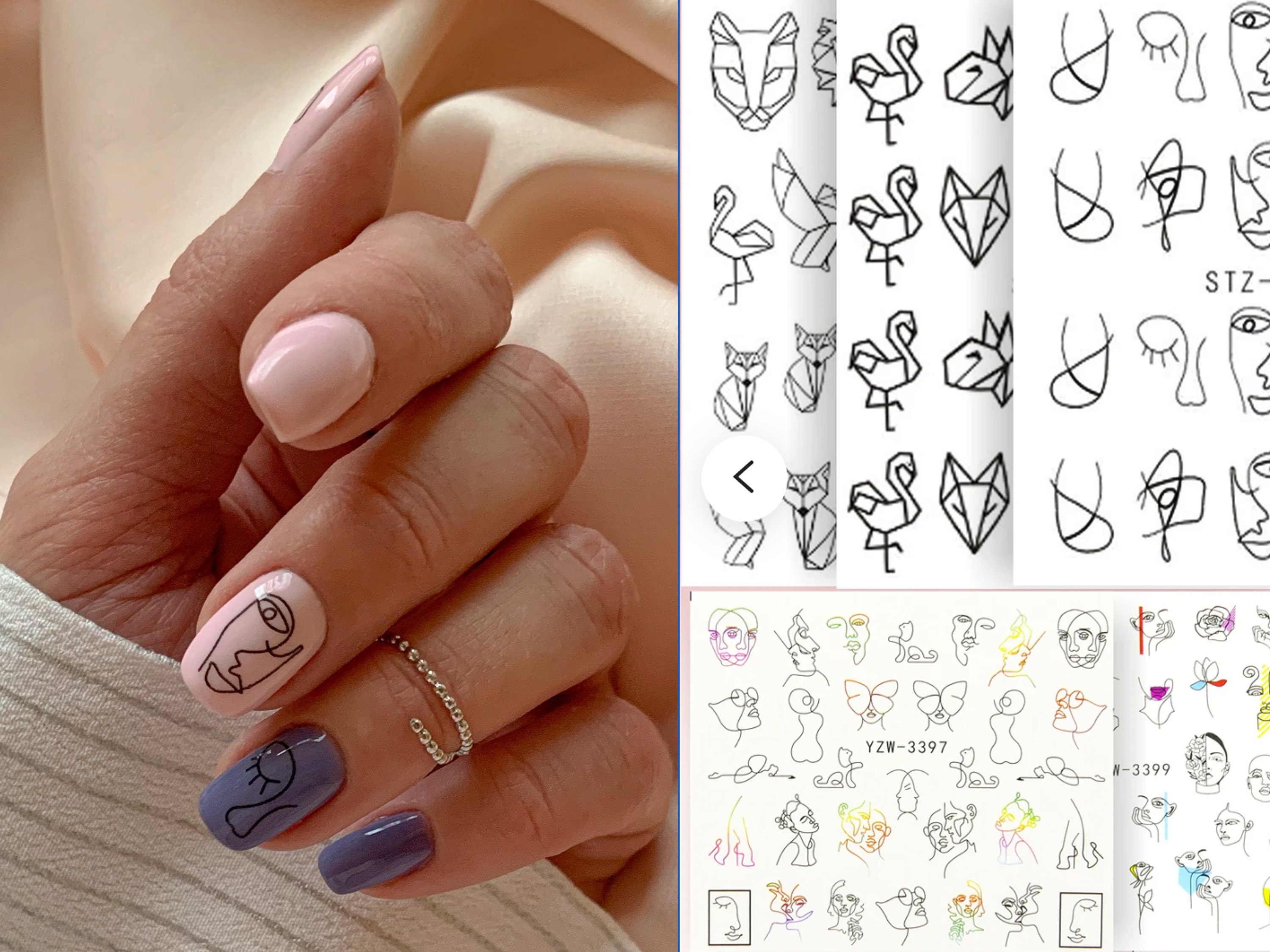 3D Blue Pink Flowers Nail Stickers Geometric Lines Golden Strips Nail Decals  Love Hearts Sliders Polish Wrap Manicure