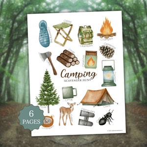 Caccia al tesoro in campeggio con gli acquerelli, PDF stampabile per bambini, 6 pagine con carte da nascondere e foglio di conteggio, apprendimento all'aperto a scuola, gioco per feste estive