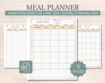 Weekly Monthly Meal Planner: Printable Menu Template (Digital Download)