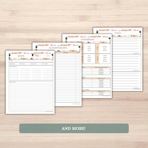 Puede incluir: P&aacute;ginas de planificador de recetas imprimibles con un dise&ntilde;o floral. Las p&aacute;ginas incluyen secciones para el nombre de la receta, el tipo, las porciones, el tiempo de preparaci&oacute;n, el tiempo de cocci&oacute;n, la temperatura del horno, los ingredientes, las instrucciones y las conversiones. Las p&aacute;ginas tambi&eacute;n incluyen secciones para recetas favoritas y objetivos.