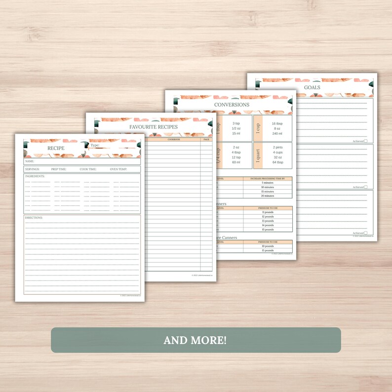 Puede incluir: P&aacute;ginas de planificador de recetas imprimibles con un dise&ntilde;o floral. Las p&aacute;ginas incluyen secciones para el nombre de la receta, el tipo, las porciones, el tiempo de preparaci&oacute;n, el tiempo de cocci&oacute;n, la temperatura del horno, los ingredientes, las instrucciones y las conversiones. Las p&aacute;ginas tambi&eacute;n incluyen secciones para recetas favoritas y objetivos.