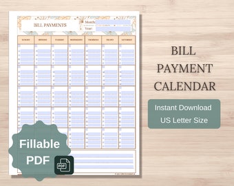 Bill Payment Calendar, Household Organization Binder, Monthly Budgets, Payment List, Printable Fillable Planner, Letter Size PDF