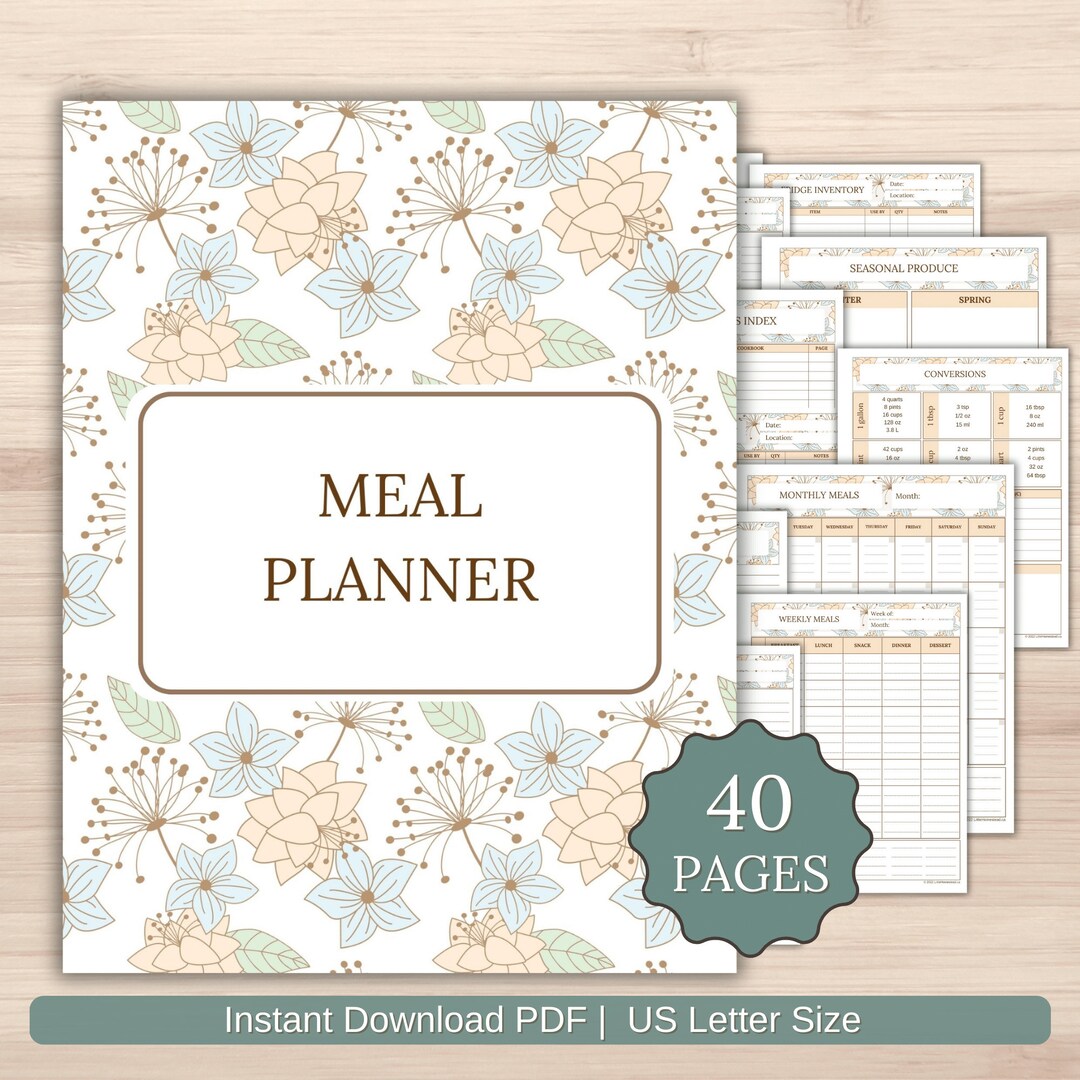 Meal Planner Printable PDF | Weekly Monthly Menu Template 40 Pages ...