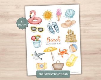 Beach Scavenger Hunt Printable | Watercolor Kids Summer Activity | Picture Cards Tally Sheet PDF