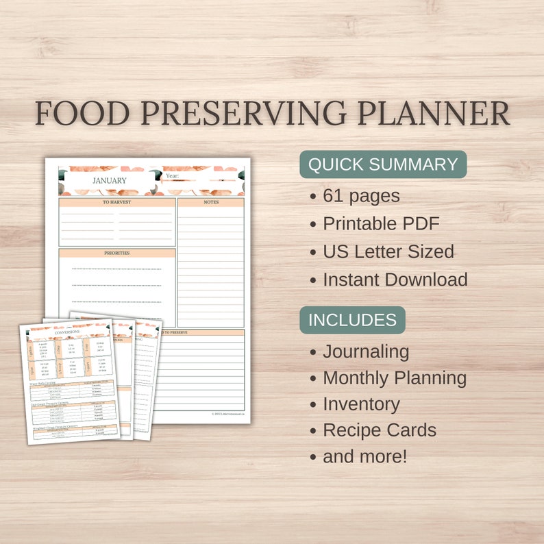 Puede incluir: Un planificador de conservaci&oacute;n de alimentos imprimible con un dise&ntilde;o floral. El planificador incluye secciones para llevar un diario, planificaci&oacute;n mensual, inventario, tarjetas de recetas y m&aacute;s. Tiene 61 p&aacute;ginas y es de tama&ntilde;o carta de EE. UU.