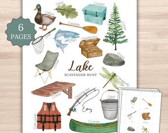 Lake Scavenger Hunt Printable | Watercolor Kids Outdoor Activity | Picture Cards Tally Sheet PDF
