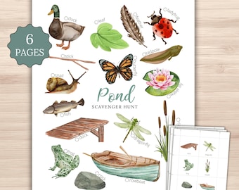 Pond Scavenger Hunt Printable | Watercolor Kids Outdoor Nature Activity | Picture Cards Tally Sheet PDF