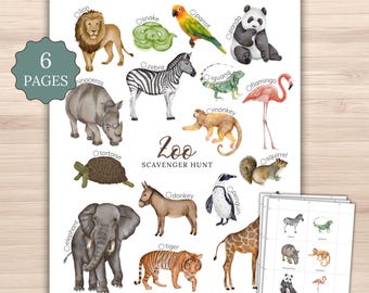 Zoo Scavenger Hunt Printable | Watercolor Animals Kids Activity | Picture Cards Tally Sheet PDF