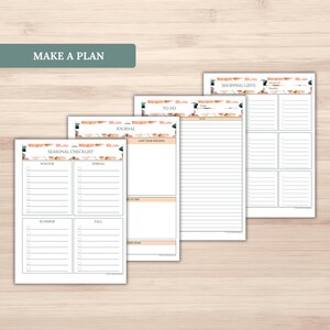 Puede incluir: P&aacute;ginas de planificador imprimibles con un dise&ntilde;o floral. Las p&aacute;ginas incluyen secciones para listas de verificaci&oacute;n estacionales, listas de tareas, un diario y listas de compras.