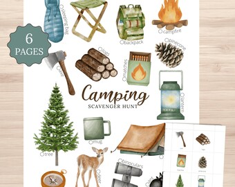 Camping Scavenger Hunt Printable | Watercolor Kids Outdoor Activity | Picture Cards Tally Sheet PDF