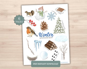 Winter Scavenger Hunt Printable | Watercolor Kids Outdoor Activity | Forest School Picture Cards PDF