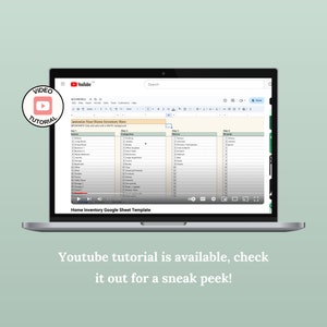 May include: A laptop computer screen displaying a Google Sheet template for a home inventory. The template is divided into three columns labeled "Step 1", "Step 2", and "Step 3". Each column has a list of items to inventory, such as "Kitchen", "Living Room", and "Bathroom". The text "Customize Your Home Inventory Here" is at the top of the sheet. The text "Home Inventory Google Sheet Template" is below the sheet.