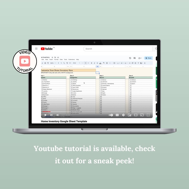 May include: A laptop computer screen displaying a Google Sheet template for a home inventory. The template is divided into three columns labeled "Step 1", "Step 2", and "Step 3". Each column has a list of items to inventory, such as "Kitchen", "Living Room", and "Bathroom". The text "Customize Your Home Inventory Here" is at the top of the sheet. The text "Home Inventory Google Sheet Template" is below the sheet.