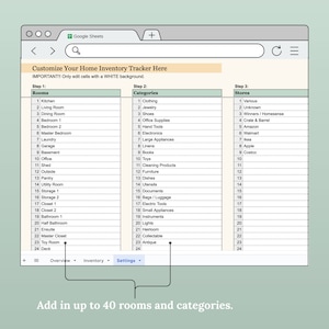 May include: A Google Sheets spreadsheet with a white background, titled "Customize Your Home Inventory Tracker Here". The spreadsheet is divided into three columns: Rooms, Categories, and Stores. Each column has a list of items, such as Kitchen, Clothing, and Various.