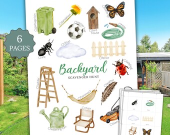 Backyard Scavenger Hunt Printable | Watercolor Kids Outdoor Activity | Picture Cards Tally Sheet PDF