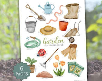 Garden Scavenger Hunt Printable | Watercolor Kids Outdoor Activity | Picture Cards Tally Sheet PDF