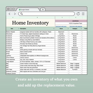 May include: A spreadsheet with the title "Home Inventory" lists household items and their descriptions, including a dehydrator, cookbooks, a computer, a Wii console, a printer, DVDs, a lightbox, throw pillows, throw blankets, a large basket, bags, a side table, a Nintendo console, and a pressure canner. The spreadsheet also includes the room where each item is located and the category it belongs to.