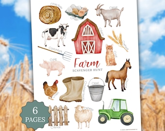 Farm Scavenger Hunt Printable | Watercolor Kids Outdoor Activity | Picture Cards Tally Sheet PDF