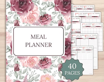 Weekly Meal Planner Printable | Monthly Menu Template 40 Pages | Grocery List Recipe Cards Wildrose Collection
