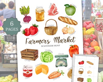 Farmers Market Scavenger Hunt Printable | Watercolor Kids Activity | Picture Cards Tally Sheet PDF