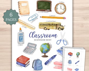 Classroom Scavenger Hunt Printable | Watercolor Kids Indoor Activity | Picture Cards Tally Sheet PDF