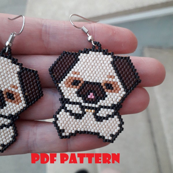 Pug PDF pattern, Pug Earrings, brick stitch PDF schema for earrings, schema for key ring, do it yourself jewellery, jewellery for girls,