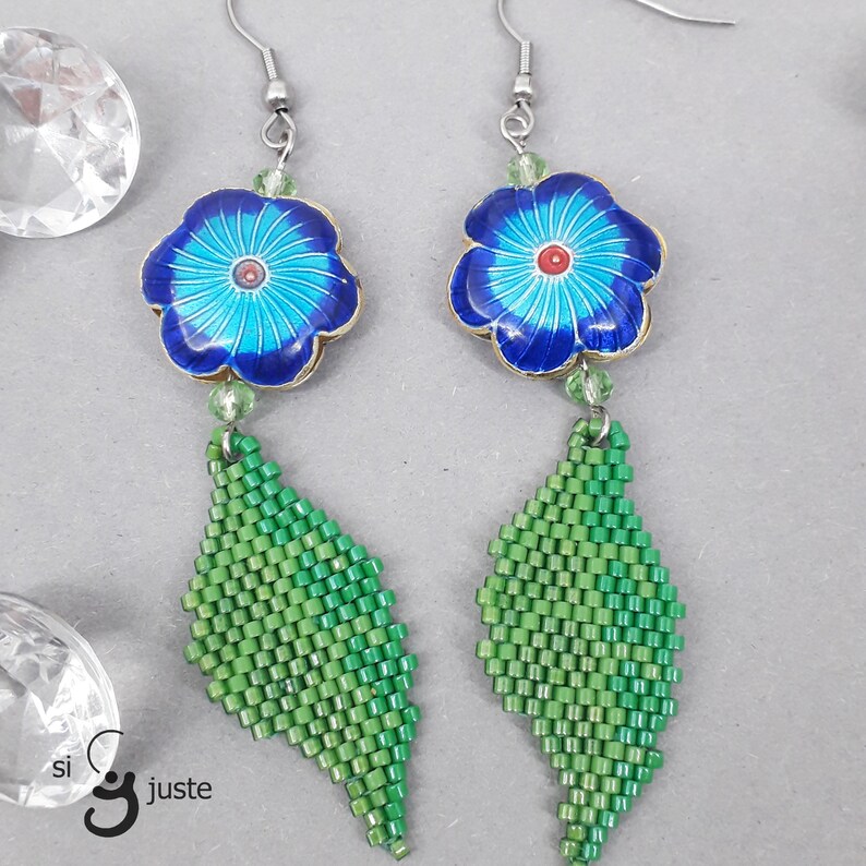 blue flowers earrings flowers with leafs jewellery dangle drop earrings summer design for her