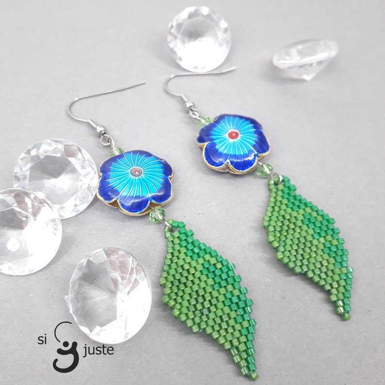 blue flowers earrings flowers with leafs jewellery dangle drop earrings summer design for her