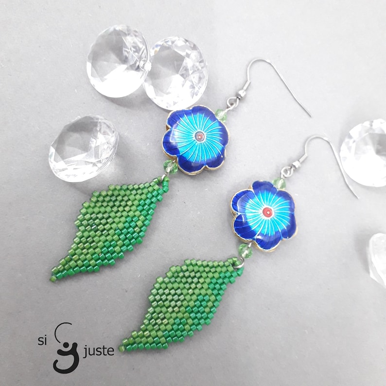 blue flowers earrings flowers with leafs jewellery dangle drop earrings summer design for her