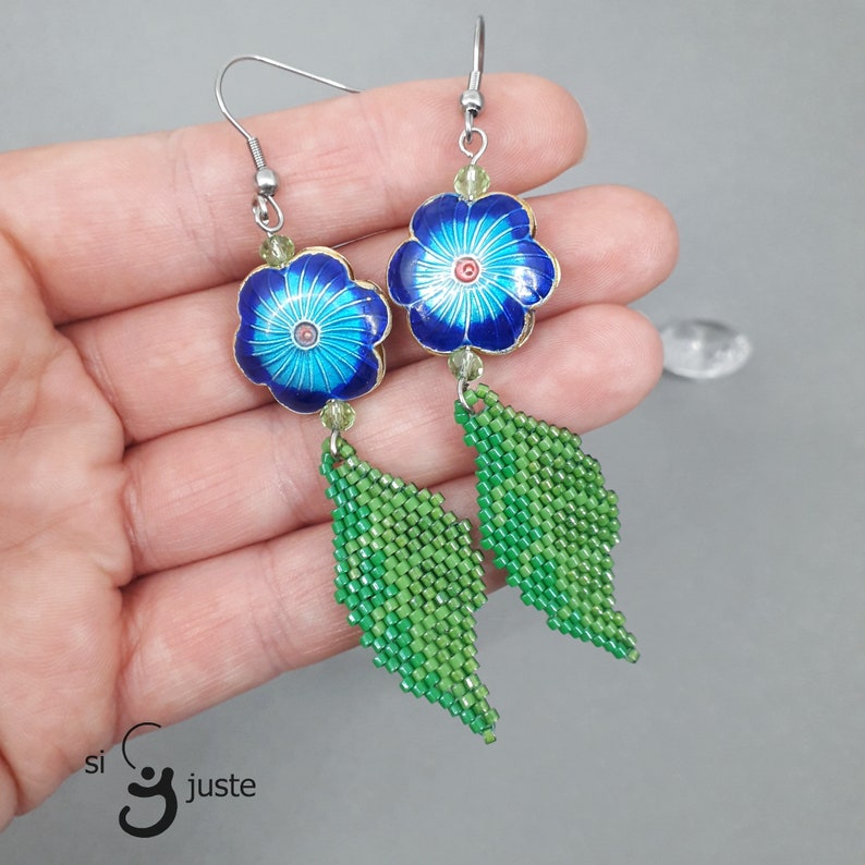 blue flowers earrings flowers with leafs jewellery dangle drop earrings summer design for her