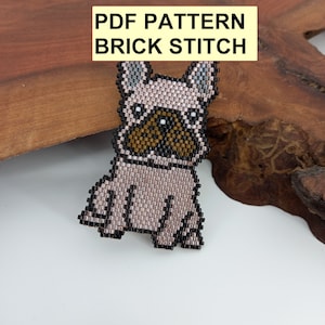 May include: A PDF pattern for a beaded French Bulldog, created using brick stitch. The pattern is for a light pink dog with black ears, black nose, and brown eyes.