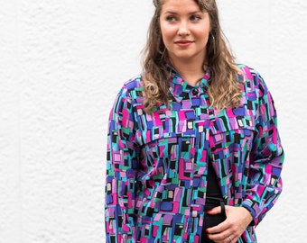 Vintage Colourful Abstract Printed Silky Long Sleeved Top