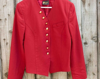 Red, vintage tailored cropped jacket with brass, decorative buttons