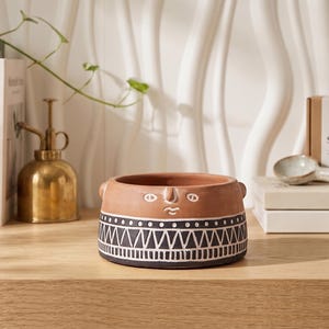 May include: A terracotta-colored planter with a face design. The planter has a black and white geometric pattern around the base. A brass mister, books, and soil blend box are in the background.