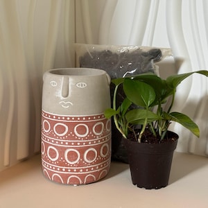 May include: A decorative, two-tone planter with a face design and a terracotta-colored pattern. A small potted plant with green leaves and a bag of soil are next to the planter. The items are on a light-colored surface.