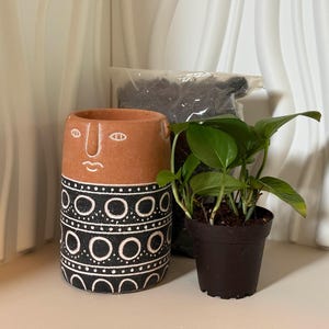 May include: A terracotta-colored ceramic planter with a face design, featuring a black and white geometric pattern. A small potted plant with green leaves and a bag of soil are next to the planter. Home decor.
