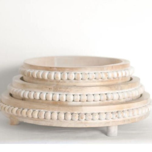 Whitewash Round Wood Beaded Tray Farmhouse Style Home Decor Etsy