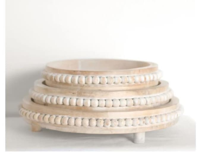 Whitewash Round Wood Beaded Tray Farmhouse Style Home Decor Etsy