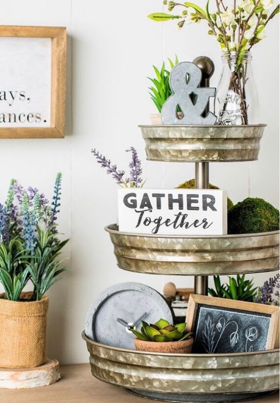 3 Tier Round Galvanzied Metal Tray Stand Farmhouse Decor Etsy