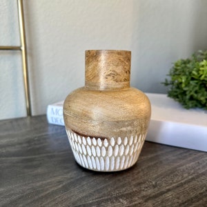 Carved Wood Vase with Whitewash Detail, Boho Farmhouse Home Decor, Candle Stick Holder