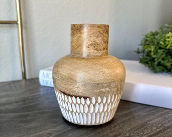 Carved Wood Vase with Whitewash Detail, Boho Farmhouse Home Decor, Candle Stick Holder